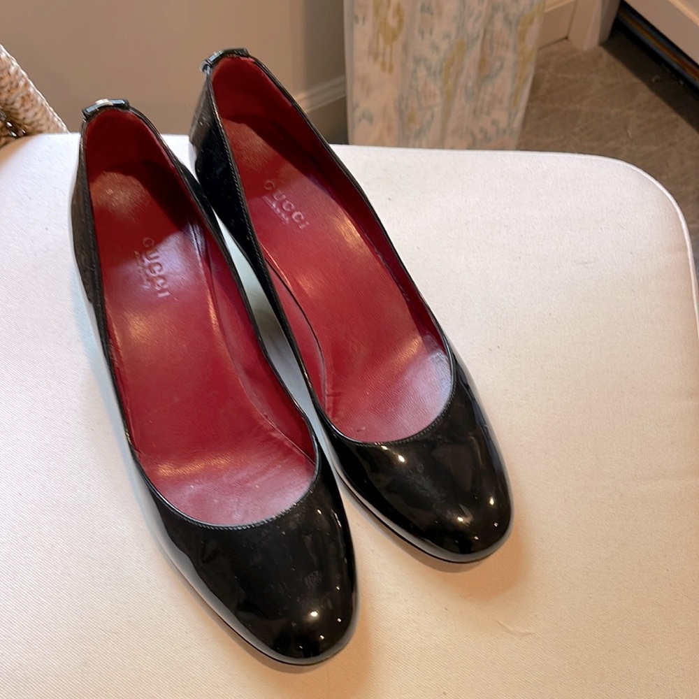 Gucci Black Patent Wedge Shoe
